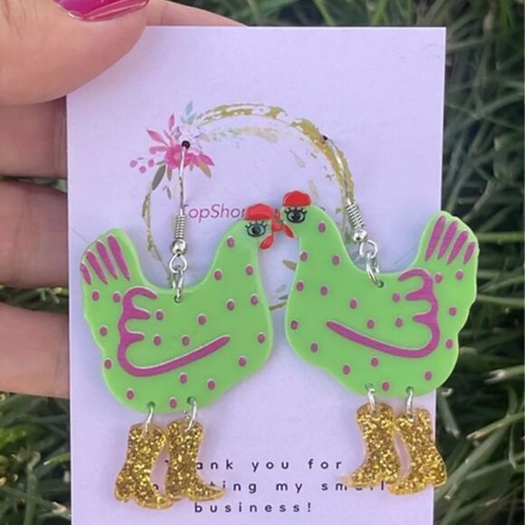 Fun Lightweight Chicken Earrings Lime Green, Pink & Gold Funky - Picture 1 of 3